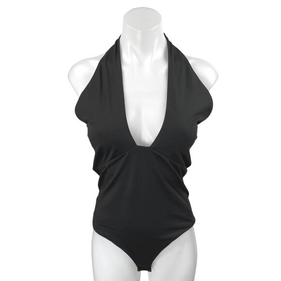 Reoria Women's Black Halter Sleeveless Plunging One Piece Bodysuit Top Size M - Picture 1 of 2